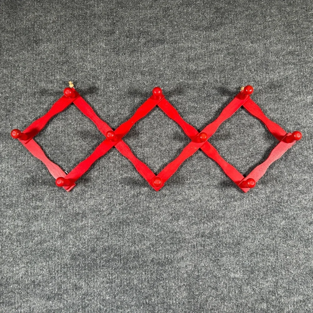 Accordion Wooden Cottagecore Farmhouse Expandable 10 Peg Wall Hanger Red Vintage